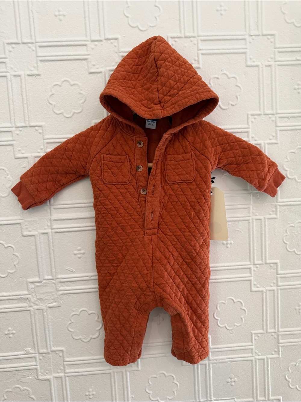 Old Navy Quilted Hooded One-Piece Jumpsuit Rust Orange 3-6M